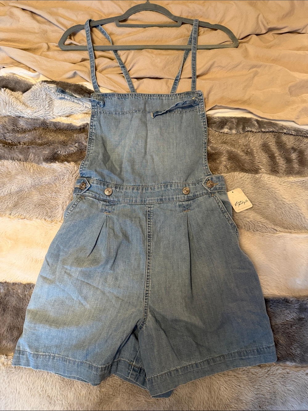 We The Free Light Blue Denim Short Overalls